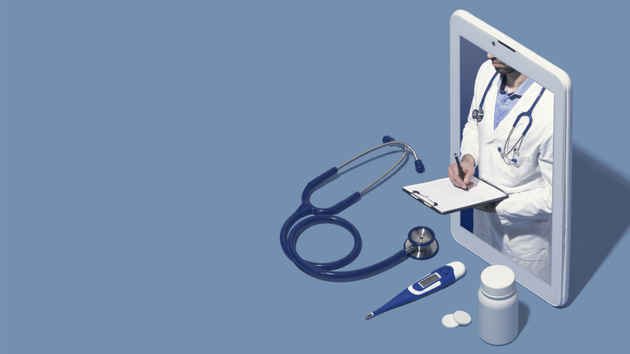 A digital tablet displays a doctor with a stethoscope writing on a clipboard, emerging from the screen—representing the CHN Telemedicine Initiative for Parolees. A stethoscope, thermometer, pill bottle, and tablets sit in front on a blue background.