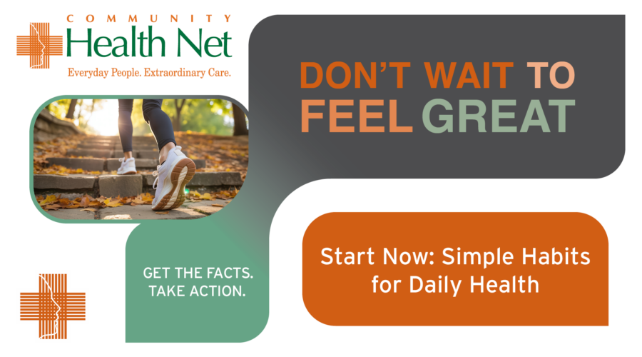 Don't Wait to Feel Great Graphic - Woman exercising by walking up a path outside