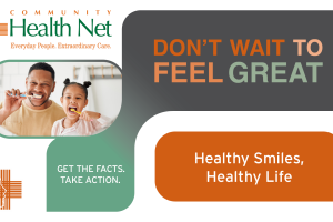 Don't Wait to Feel Great Graphic - A man and his young daughter happily brushing their teeth in front of a mirror