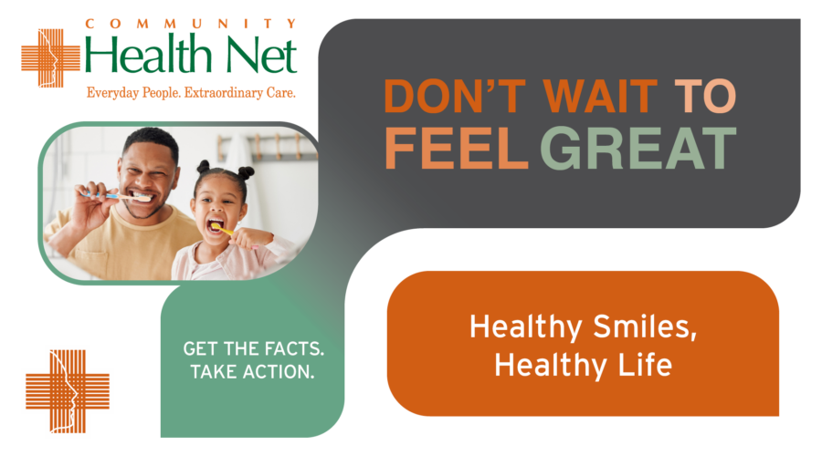 Don't Wait to Feel Great Graphic - A man and his young daughter happily brushing their teeth in front of a mirror