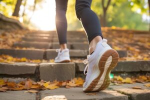 A person in white sneakers and black leggings takes small steps for better health, walking up stone steps covered with fallen autumn leaves in a sunlit park.