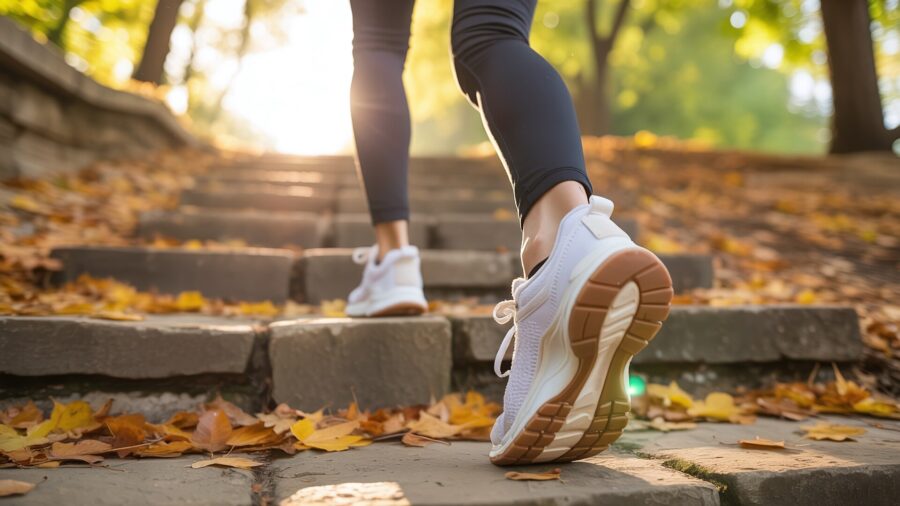 A person in white sneakers and black leggings takes small steps for better health, walking up stone steps covered with fallen autumn leaves in a sunlit park.