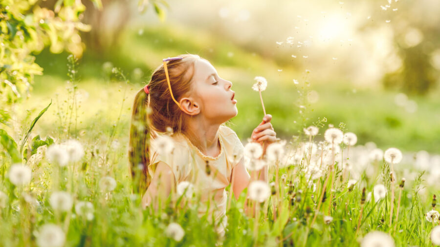 A young girl lies in a field of dandelions, blowing seeds from a dandelion puff. Sunlight filters through the grass, creating a warm, cheerful atmosphere—a gentle reminder of the importance of allergy and asthma awareness during beautiful days outdoors.