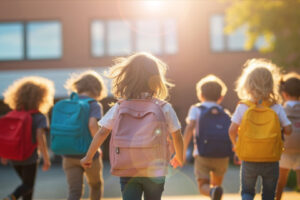 Six young children with backpacks walk toward a school building in bright sunlight, their backs to the camera. Sunlight creates a warm, cheerful atmosphere, and the children’s colorful backpacks hint at excitement for a new year filled with learning—and opportunities for parents to share essential back-to-school health tips.