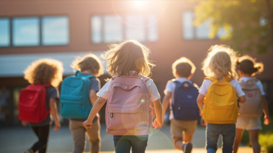 Six young children with backpacks walk toward a school building in bright sunlight, their backs to the camera. Sunlight creates a warm, cheerful atmosphere, and the children’s colorful backpacks hint at excitement for a new year filled with learning—and opportunities for parents to share essential back-to-school health tips.